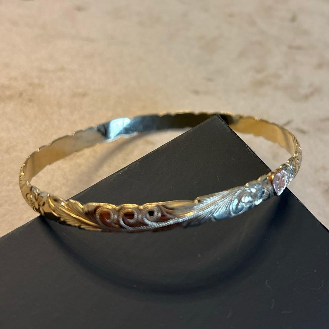 手彫りハワイアンジュエリー　バングル　オーダーメイド　Y G レディース ダイヤ