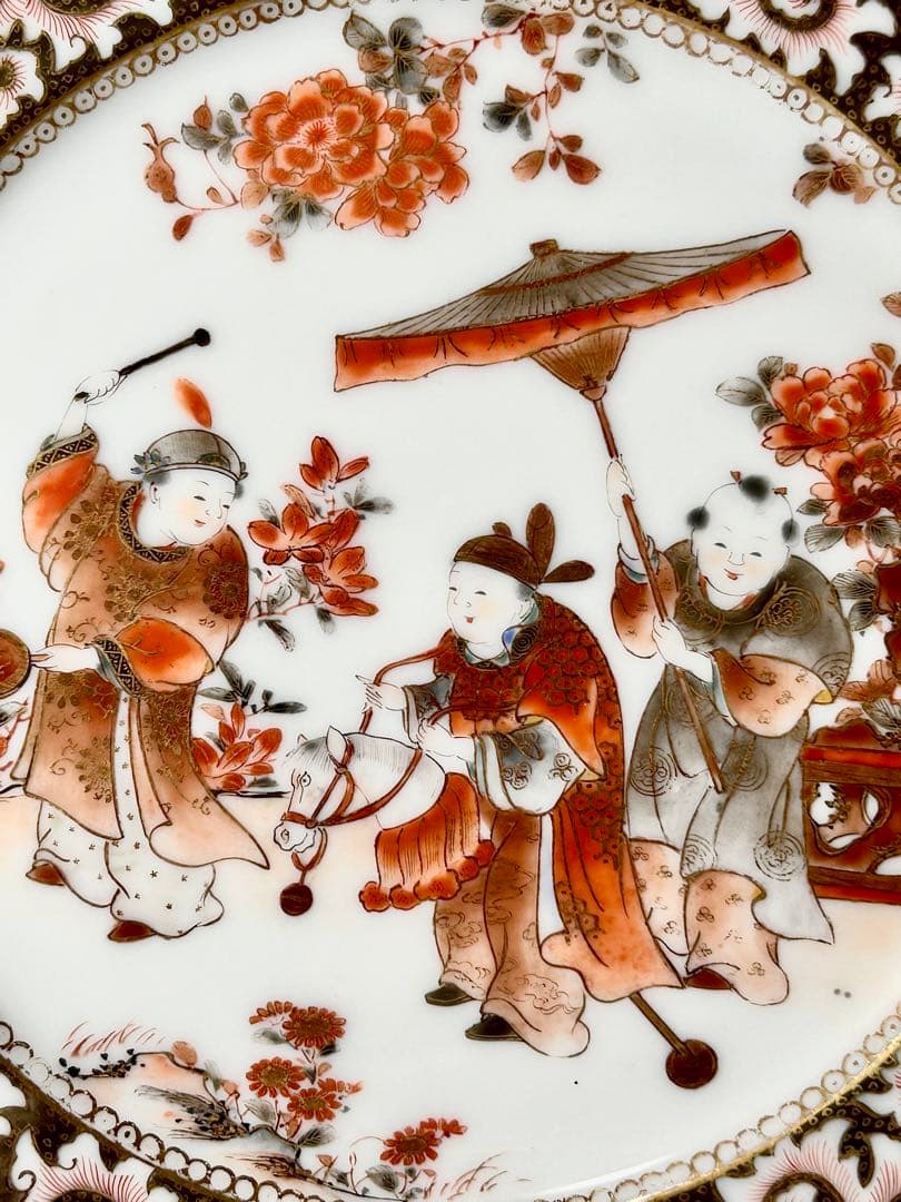 稀少 明治九谷の第一人者 松本佐平 松雲堂 赤絵金彩唐子図中皿 九谷焼