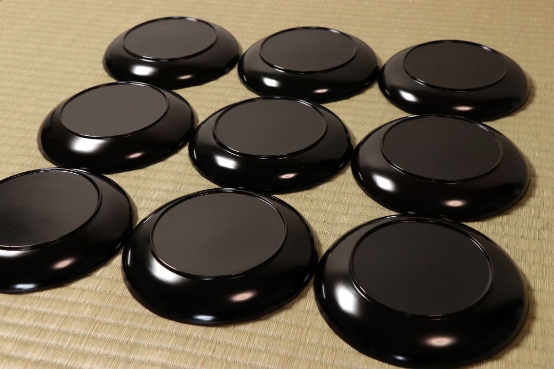 漆芸 時代 宝尽くし図 金蒔絵 黒塗 木皿 九客 天然木 明治大正 【CM59】