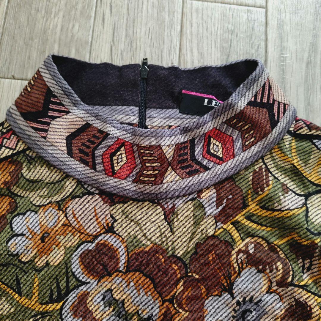 希少 LEONARD モックネック ひざ丈ワンピース ニット 総柄 LL