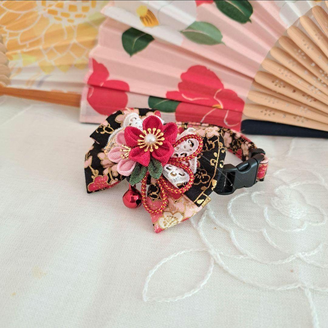 プッチ、お正月仕様和風つまみ細工(ピンク⑤)わんちゃん猫ちゃん用襟つき首輪