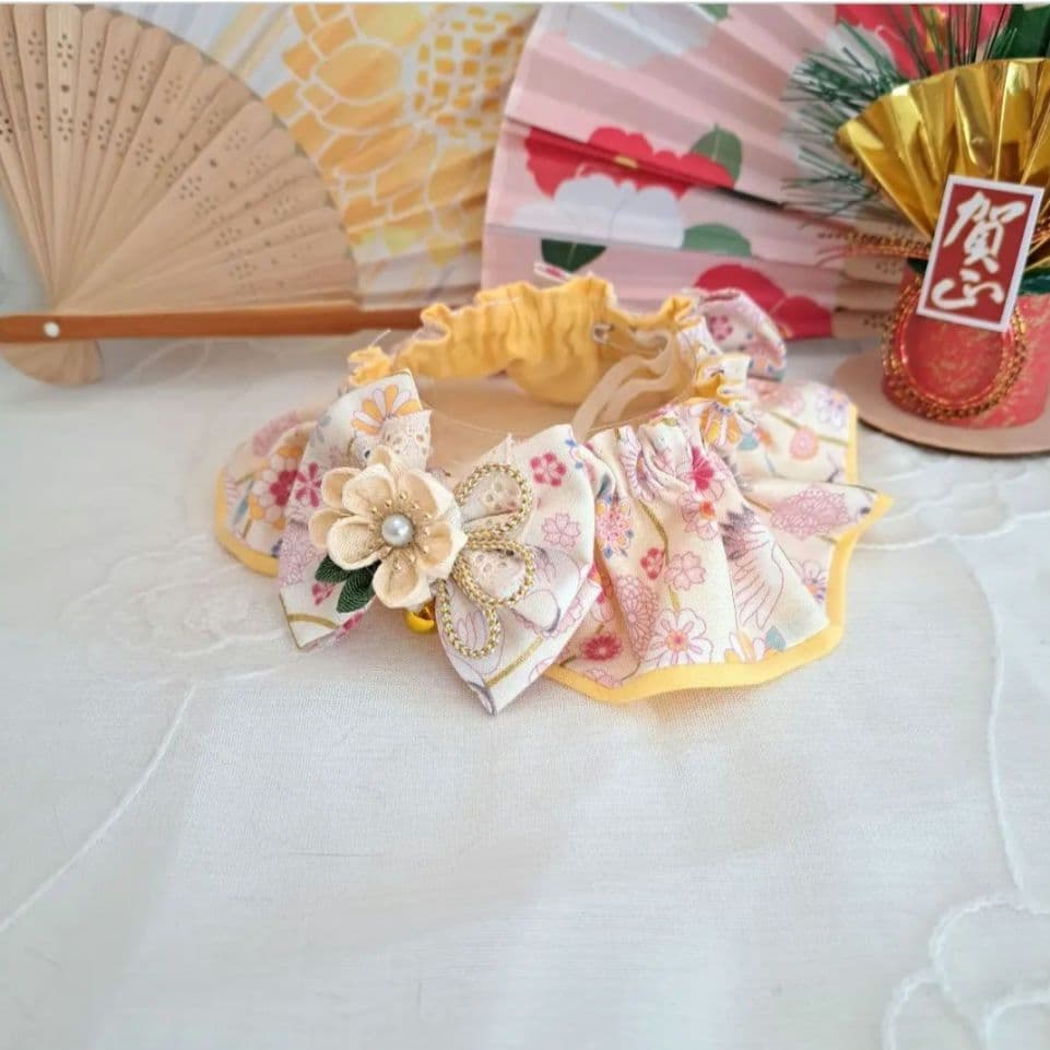 プッチ、お正月仕様和風つまみ細工(ピンク⑤)わんちゃん猫ちゃん用襟つき首輪