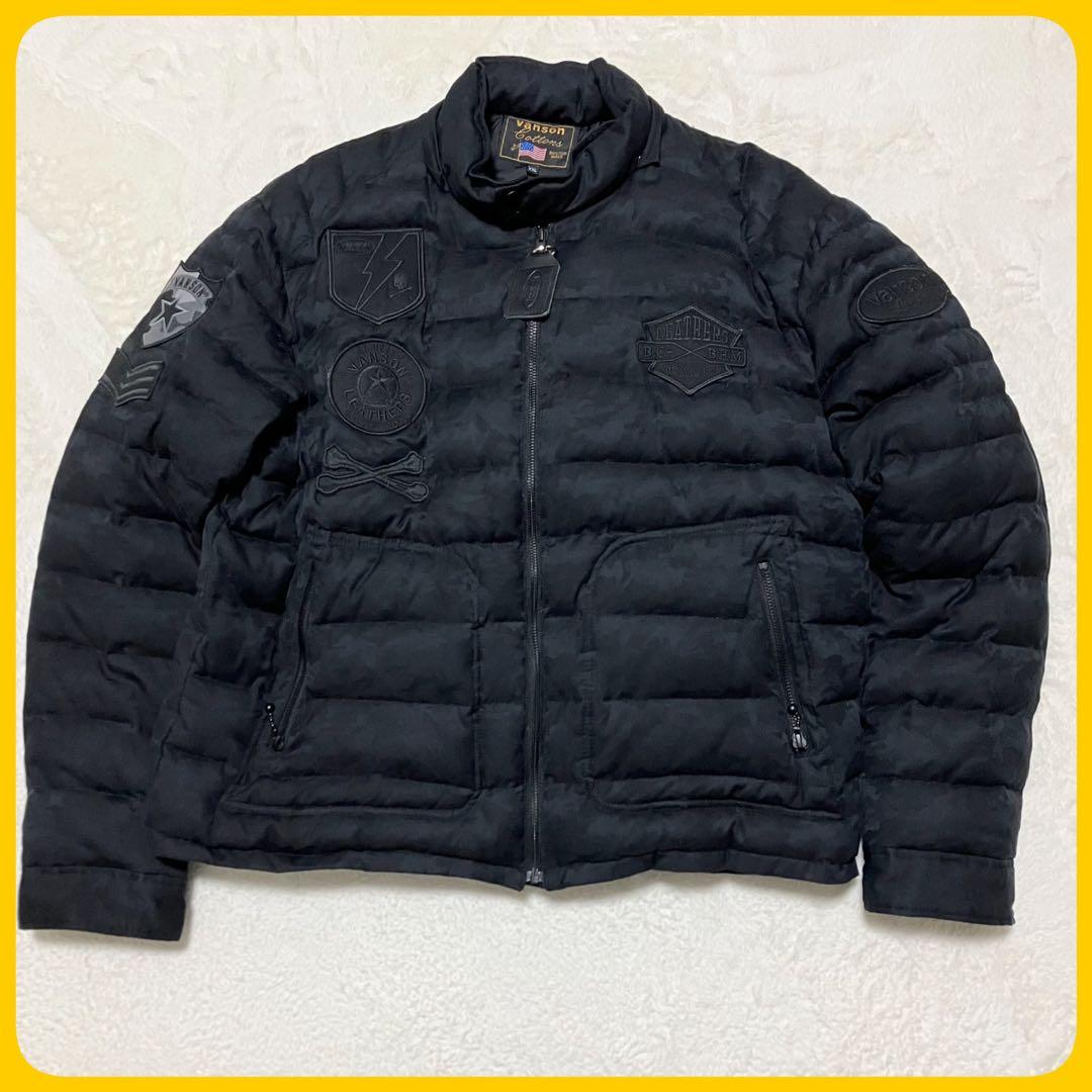 VANSON ダウン ジャケット 黒 カモ柄 XXL ワッペン パッチ 軽量