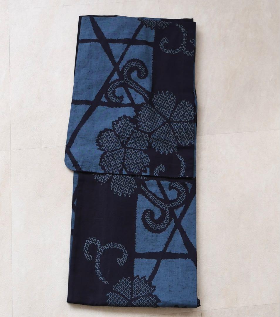 浴衣3点セット utatane×注染工房 赤坂紬 青藍にかごめなでしこ染め分け