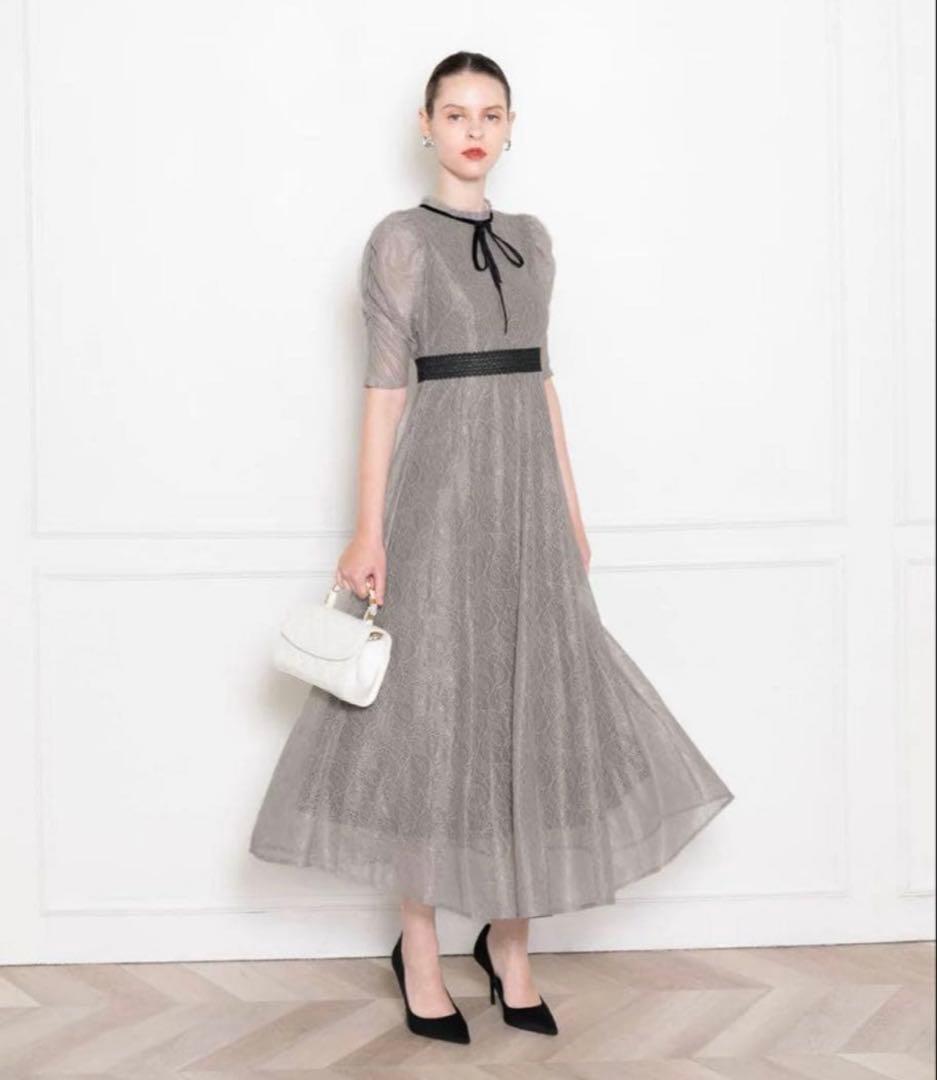 LEJA ウエストマークパフスリーブ総レースロングドレスワンピース グレー