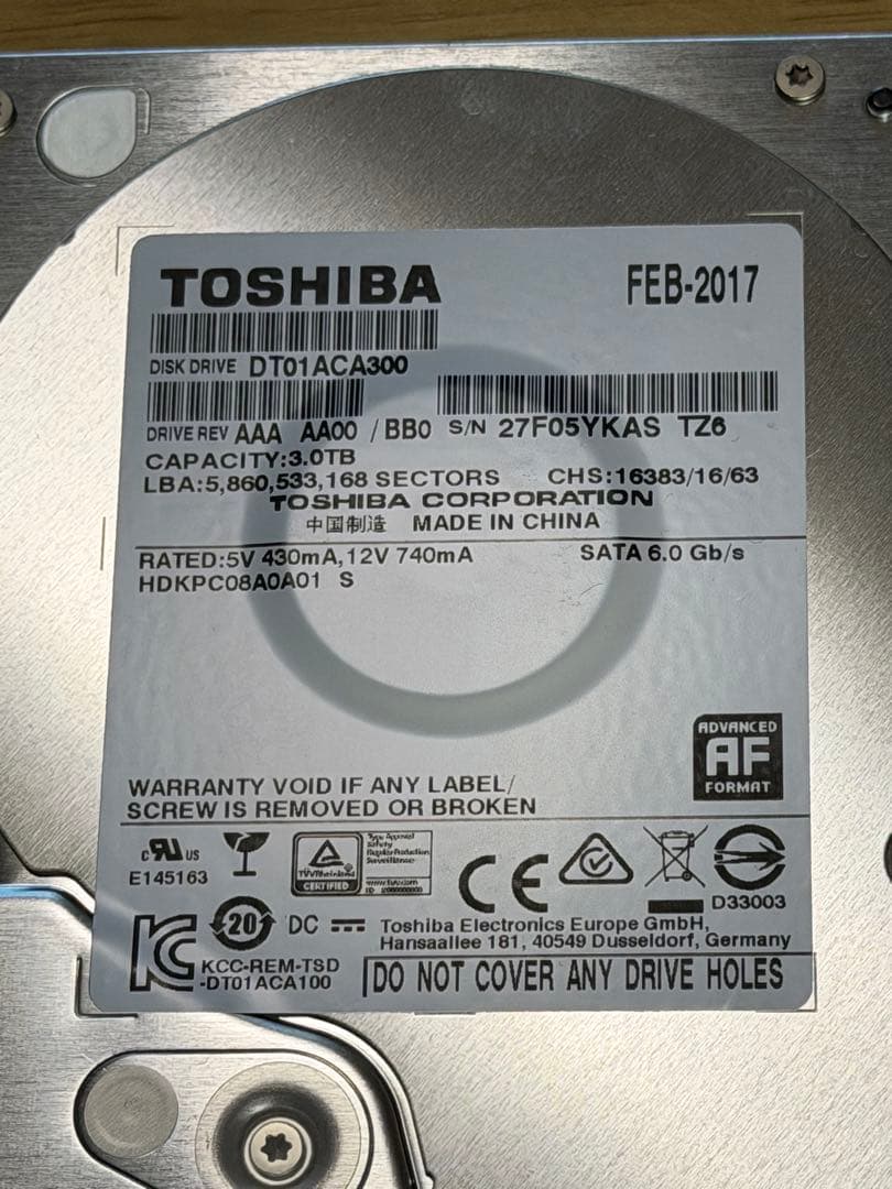 3TB 4セットTOSHIBA 内蔵HDD 7200回転SATA使用185hから
