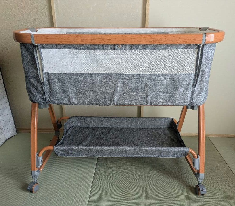 【送料込み】ベビーベッド グレー 高さ調整可能 ゆりかご 蚊帳付き