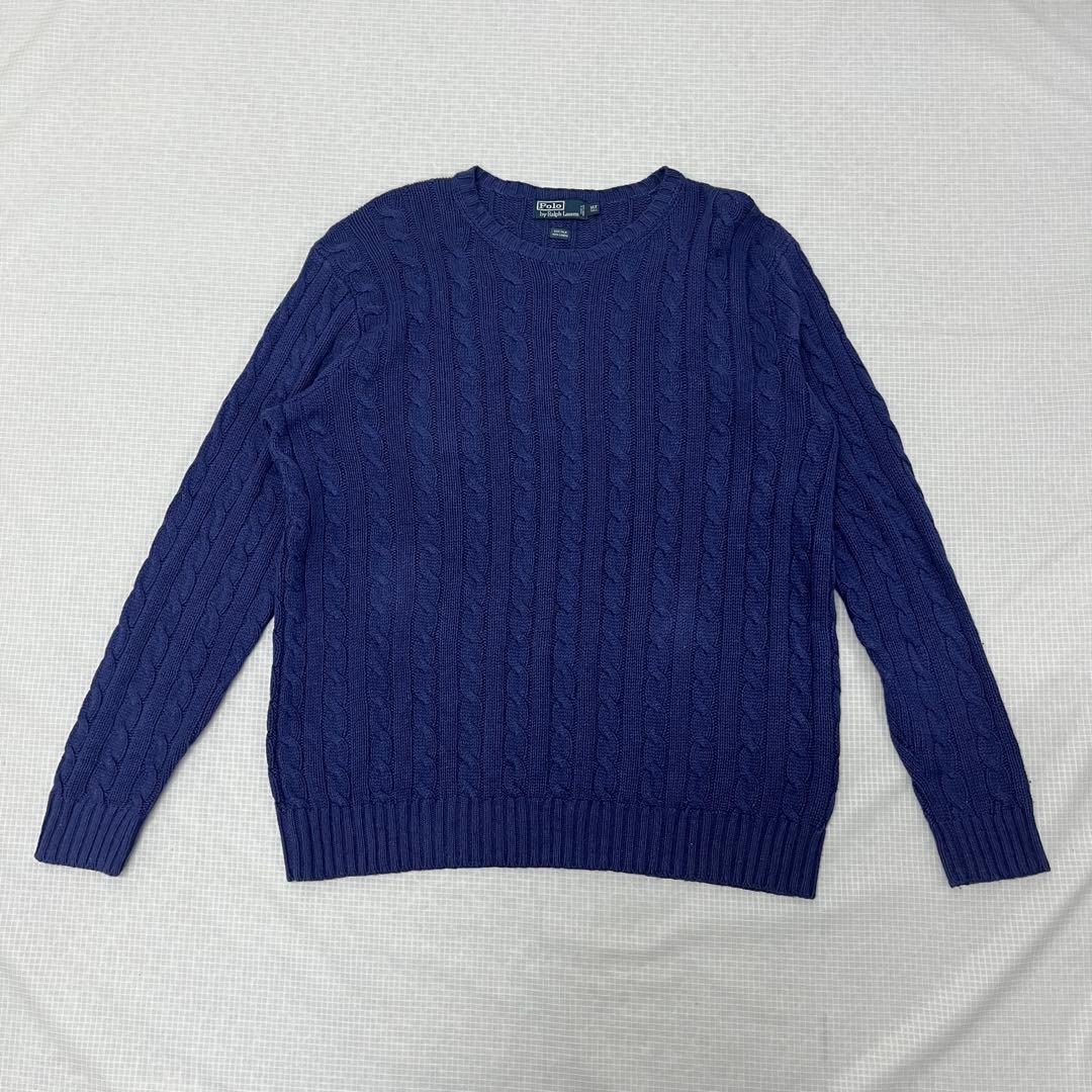 【極上シルクリネン】ポロラルフローレン ケーブルニット 紫紺 XLT 身幅76