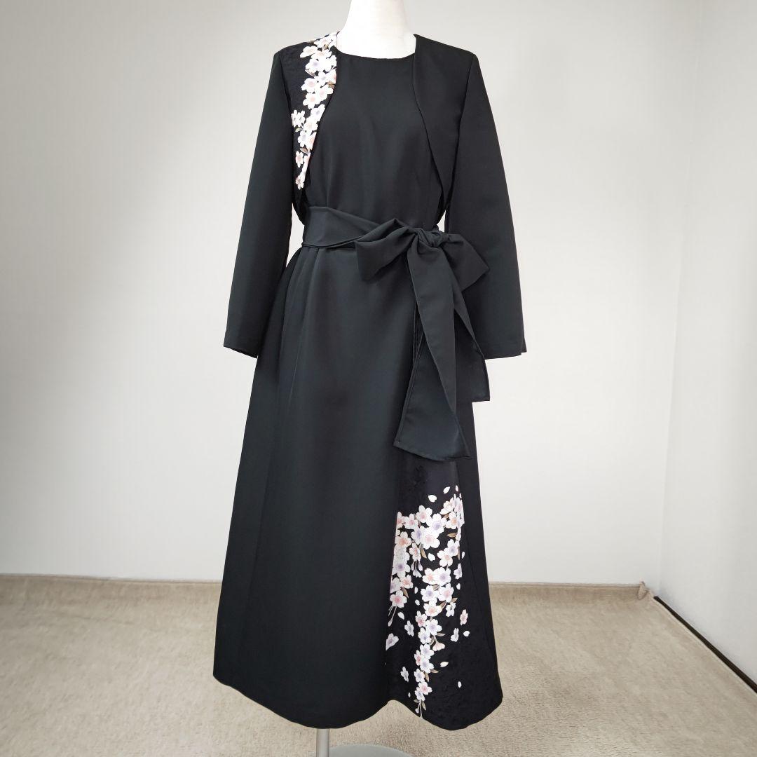 zunezune 着物リメイクワンピース ノースリーブ ボレロ長袖付 黒×桜