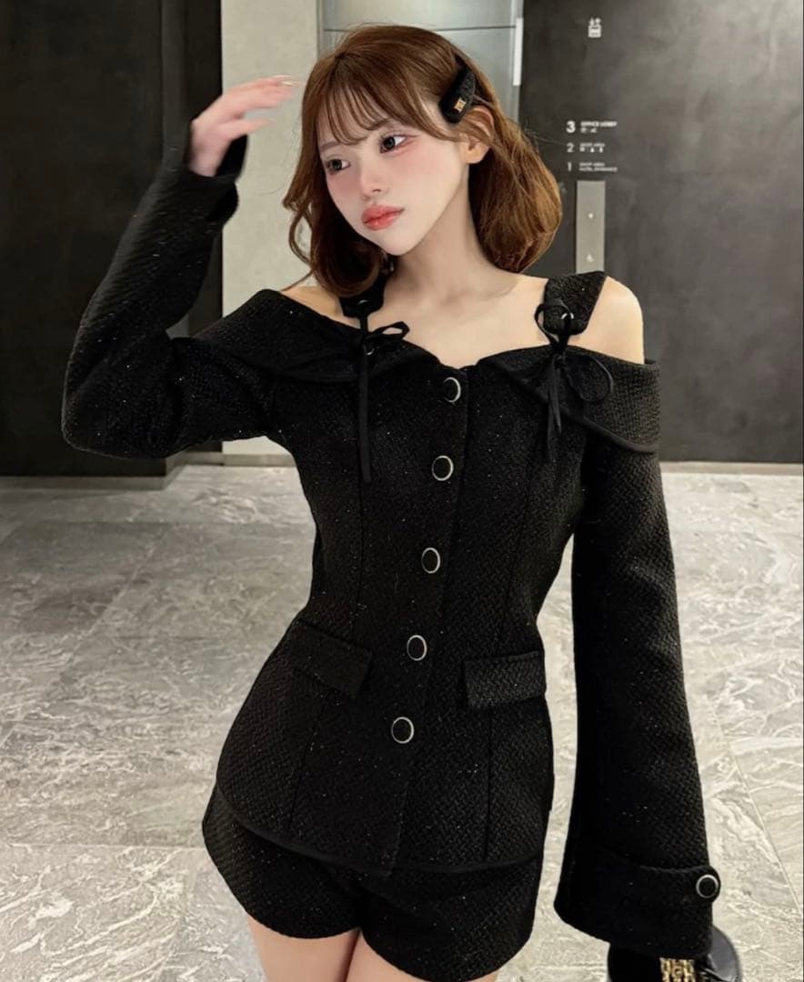 ボンディングツイードオフショルチュニック M BLK