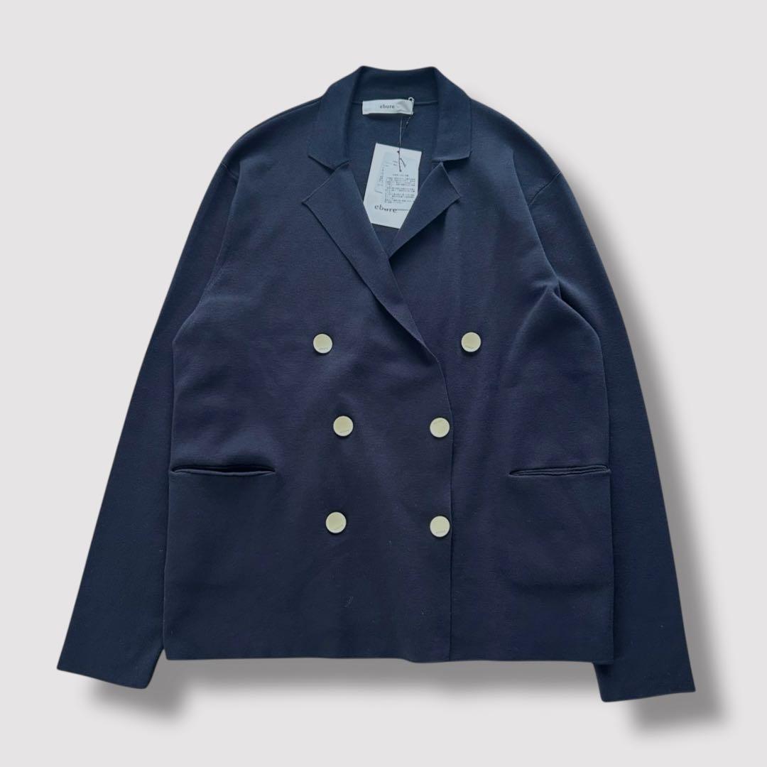 【タグ付】ebure コットン シルク ニットジャケット カーディガン 紺 38