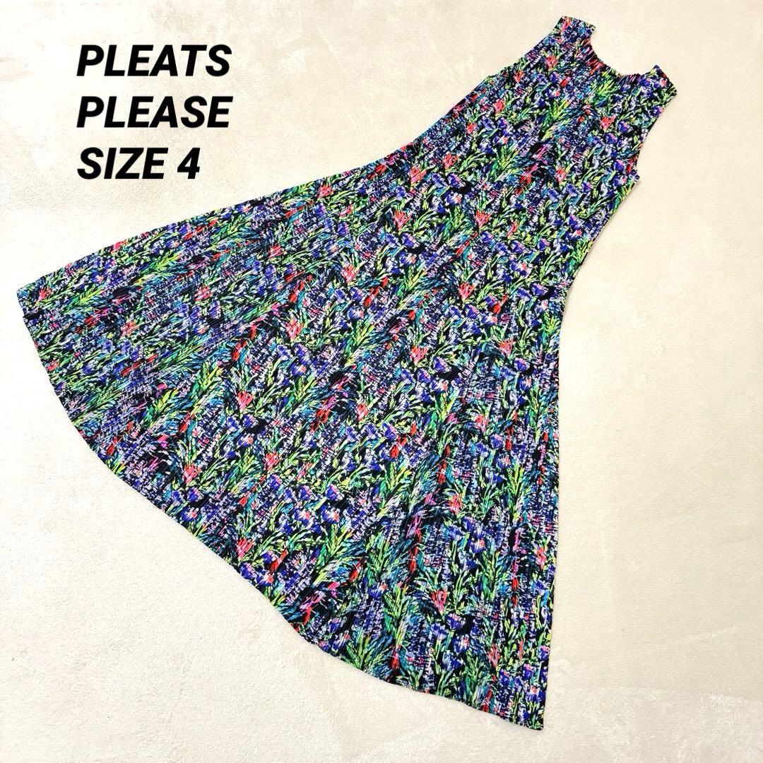極美品✨PLEATS PLEASE 花柄　ワンピース　フレア　プリーツ　XL