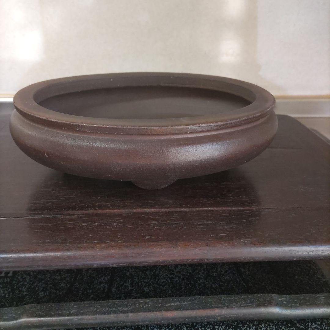 翼記、落款、紫泥袋式楕円鉢、盆栽鉢、植木鉢、古鉢、年代鉢、