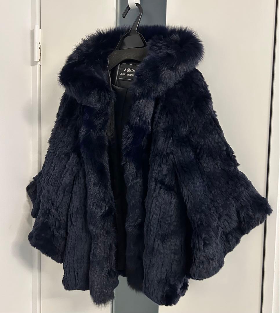 グレースコンチネンタル ネイビー ポンチョ ファー コート