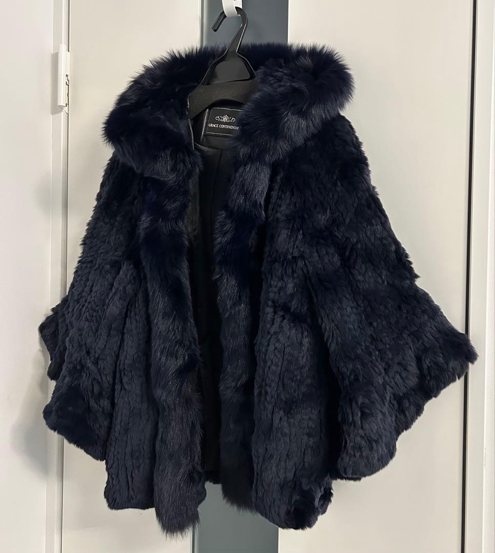 グレースコンチネンタル ネイビー ポンチョ ファー コート