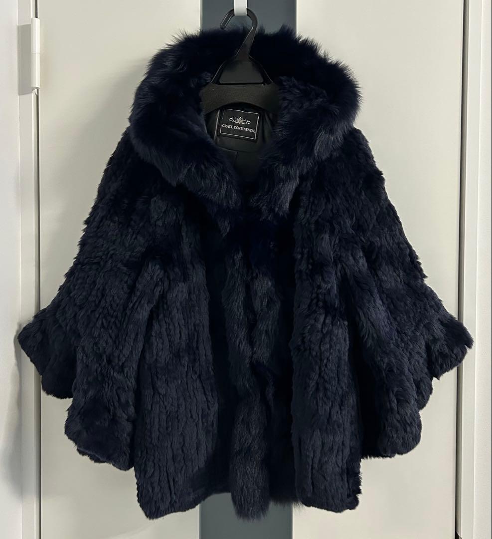 グレースコンチネンタル ネイビー ポンチョ ファー コート