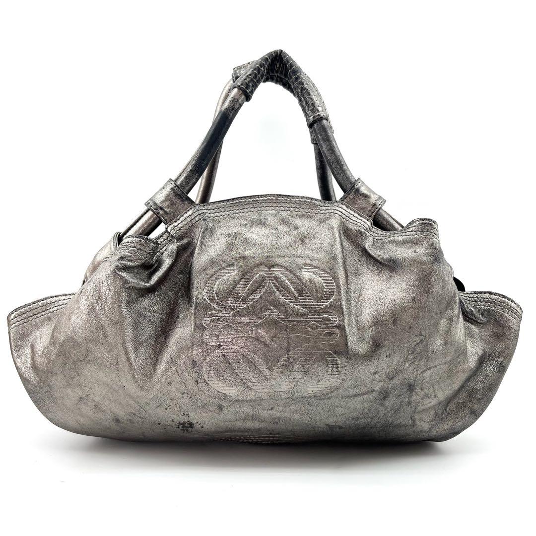 LOEWE　ハンドバック　本革　シボ革　ナッパアイレ　シルバー　アナグラム