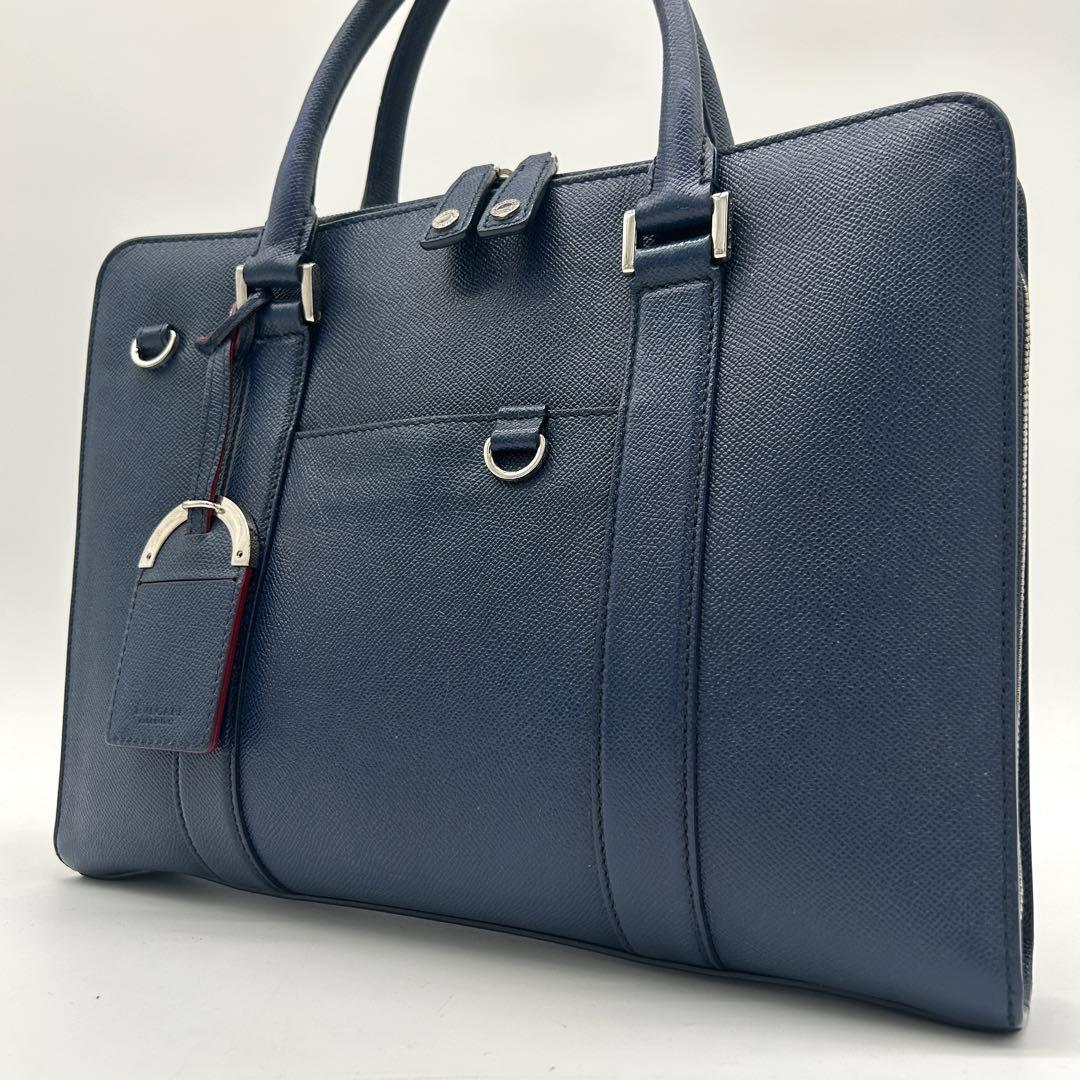 【美品】ブルガリマン ビジネスバッグ サフィアーノレザー A4収納可能 ネイビー