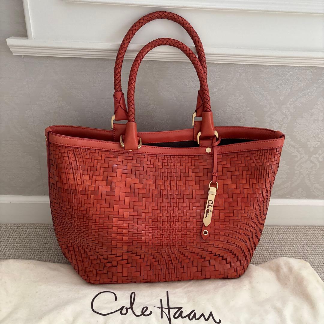 コールハンカゴ編みレザー トートバッグ オレンジ色
