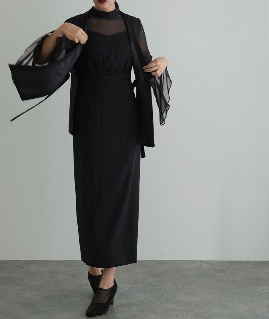 atlo スリットスリーブ　ジレ付きロングワンピース　オケージョン　ブラック　M