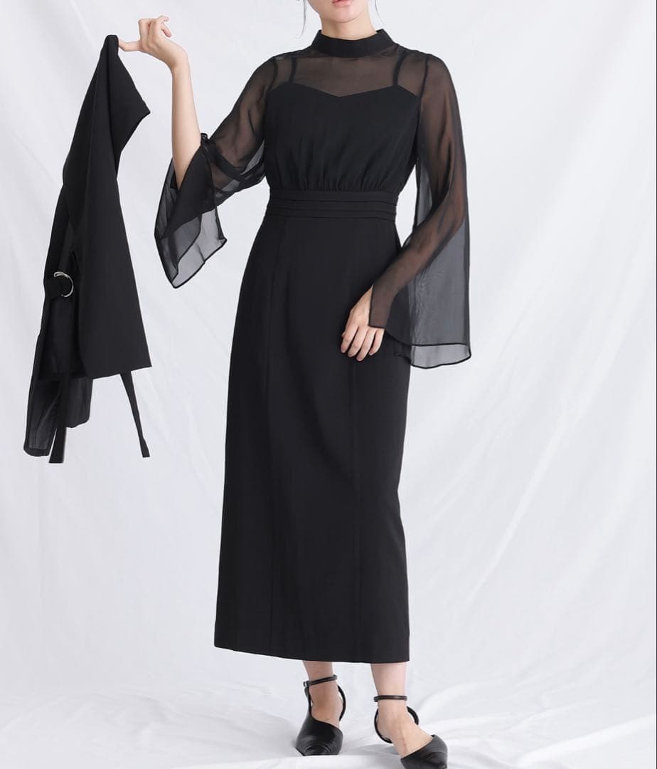 atlo スリットスリーブ　ジレ付きロングワンピース　オケージョン　ブラック　M