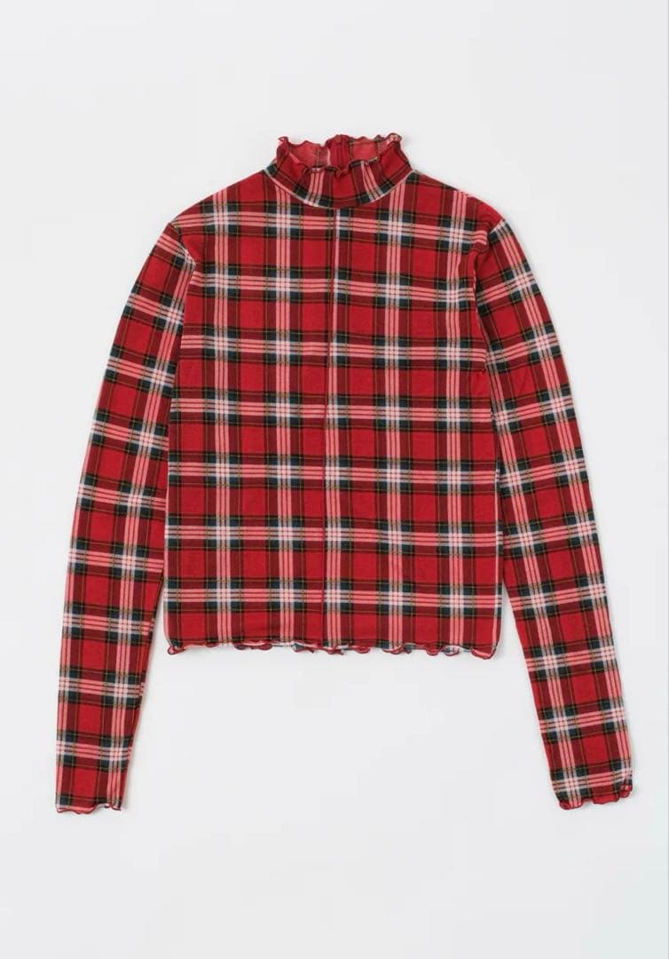 poppy CHECK TURTLE フリルネック 長袖トップス