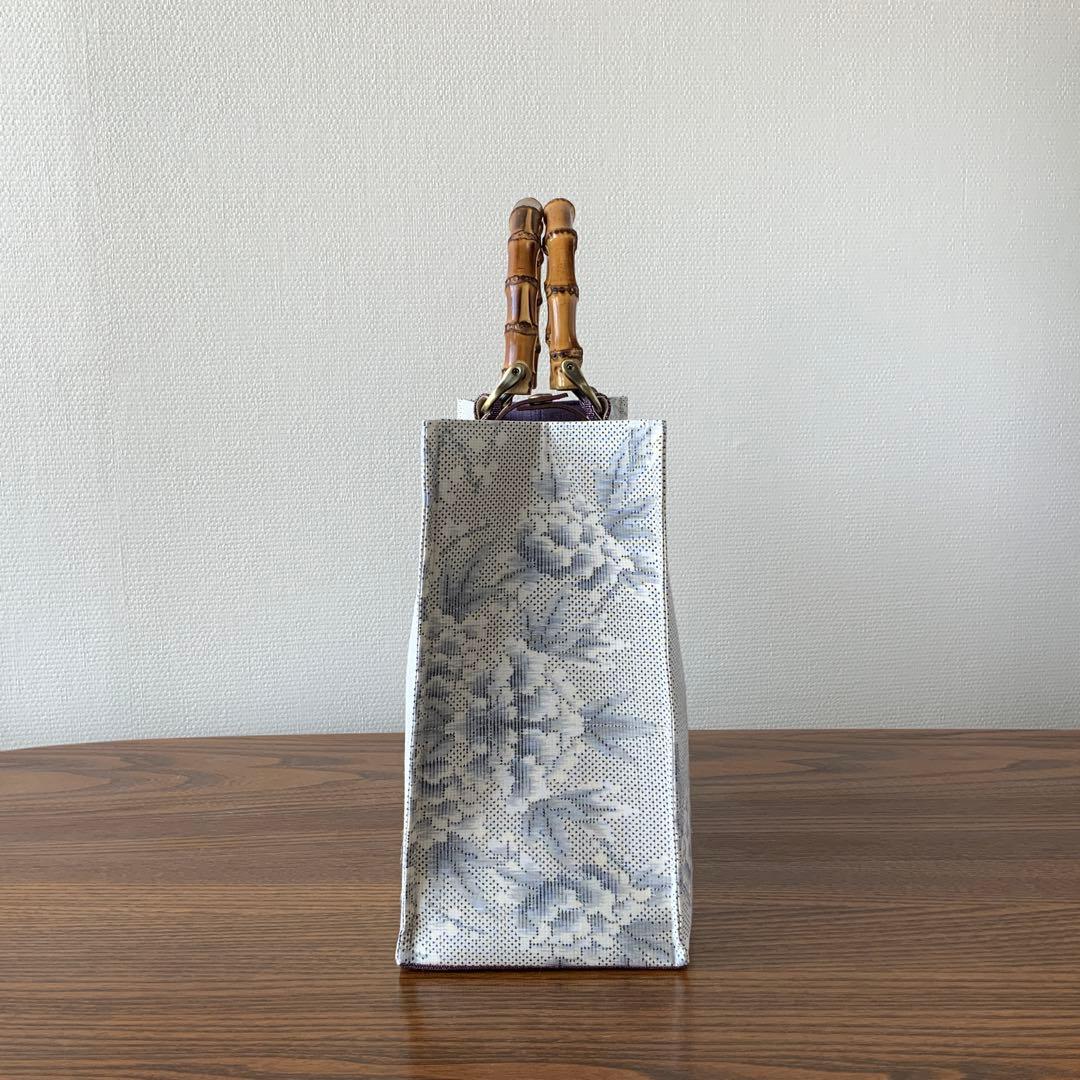 白大島紬 梅に満開の牡丹 リメイク バンブーハンドルバッグ ショッパー風