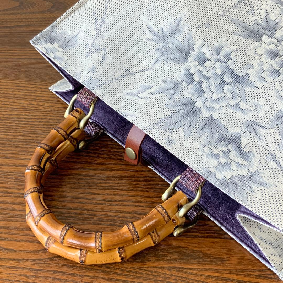 白大島紬 梅に満開の牡丹 リメイク バンブーハンドルバッグ ショッパー風