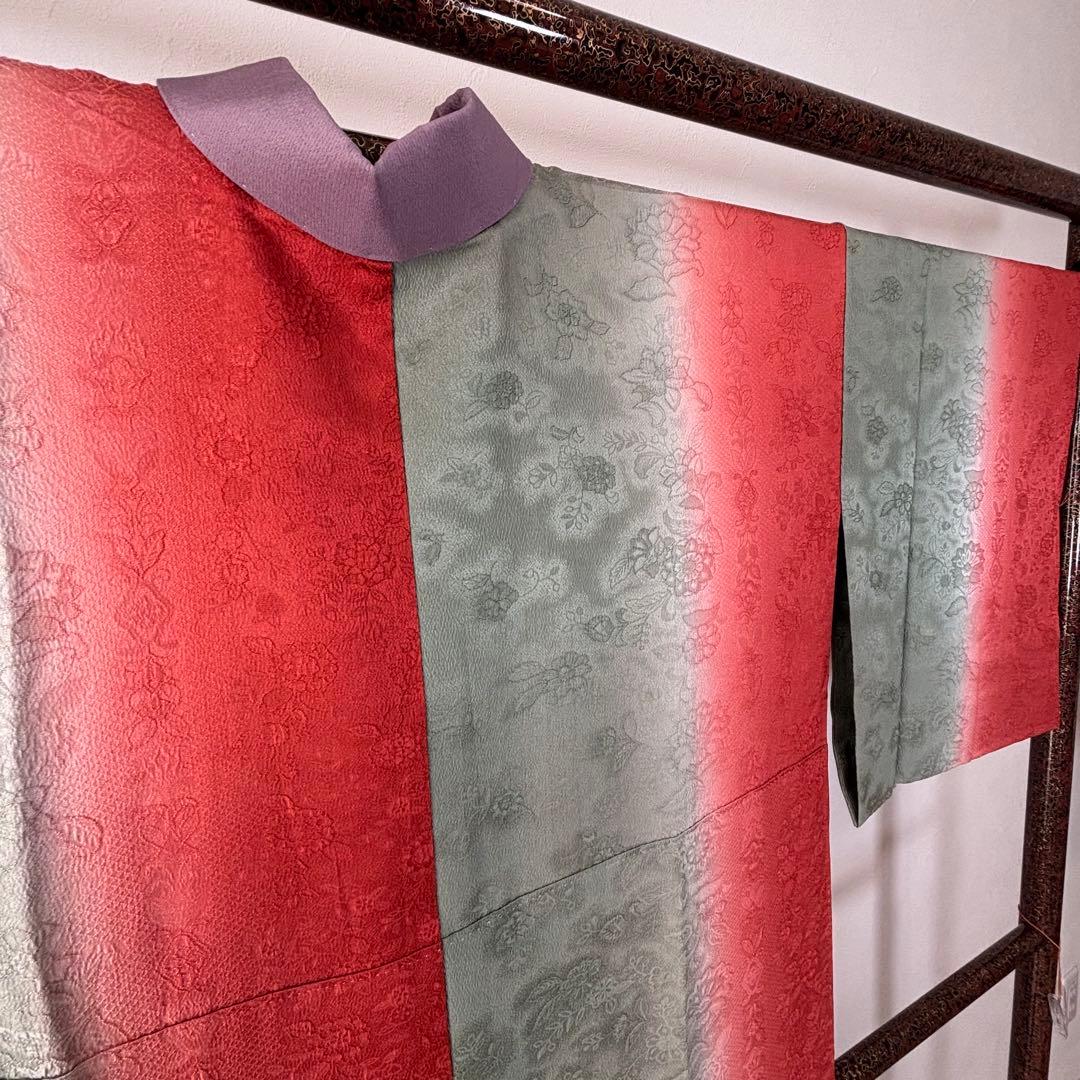 超美品　長襦袢　現代　正絹　着物　袷　紫　赤　緑　刺繍半襟　トール　レトロ