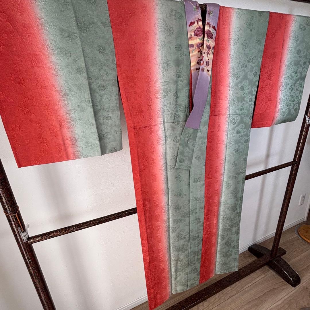 超美品　長襦袢　現代　正絹　着物　袷　紫　赤　緑　刺繍半襟　トール　レトロ