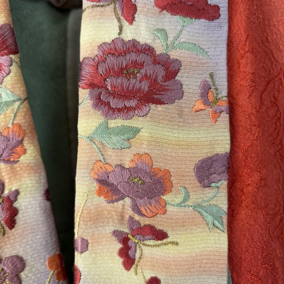超美品　長襦袢　現代　正絹　着物　袷　紫　赤　緑　刺繍半襟　トール　レトロ