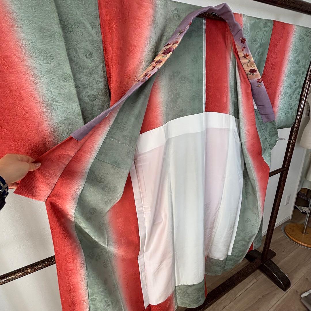 超美品　長襦袢　現代　正絹　着物　袷　紫　赤　緑　刺繍半襟　トール　レトロ