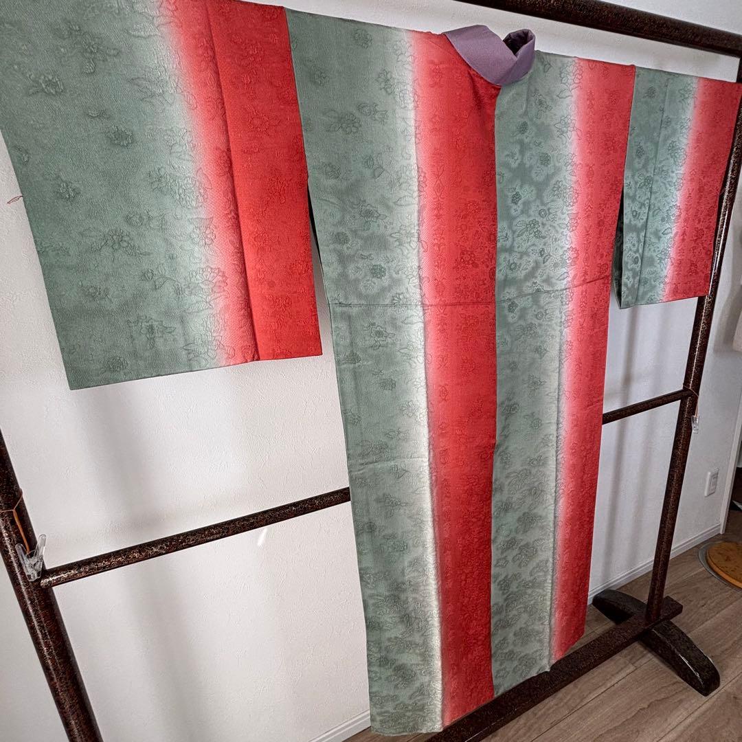 超美品　長襦袢　現代　正絹　着物　袷　紫　赤　緑　刺繍半襟　トール　レトロ