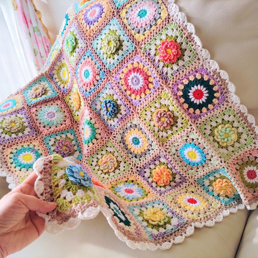 手編みブランケット★お花とおひさまグラニー★グラニースクエア★かぎ針編み