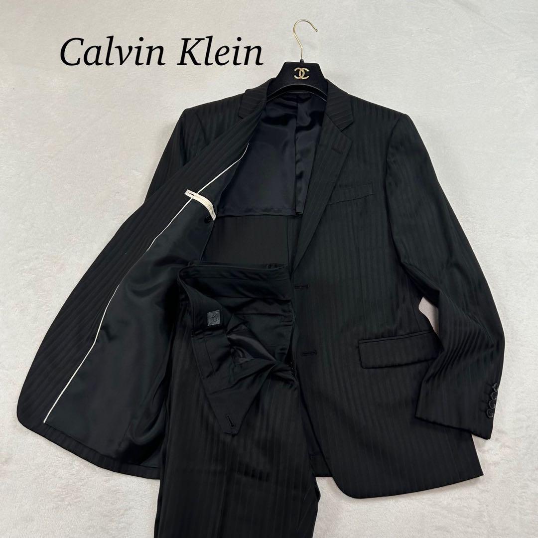K584 美品 M カルバンクライン ストライプ柄 スーツ上下 ブラック メンズ