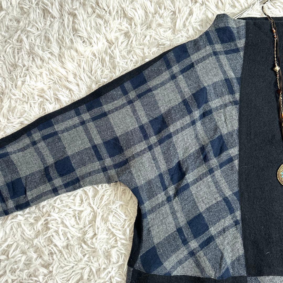 美品⁂センソユニコ⁂ロングバルーンワンピース　チェック切り替え　ボートネック　M