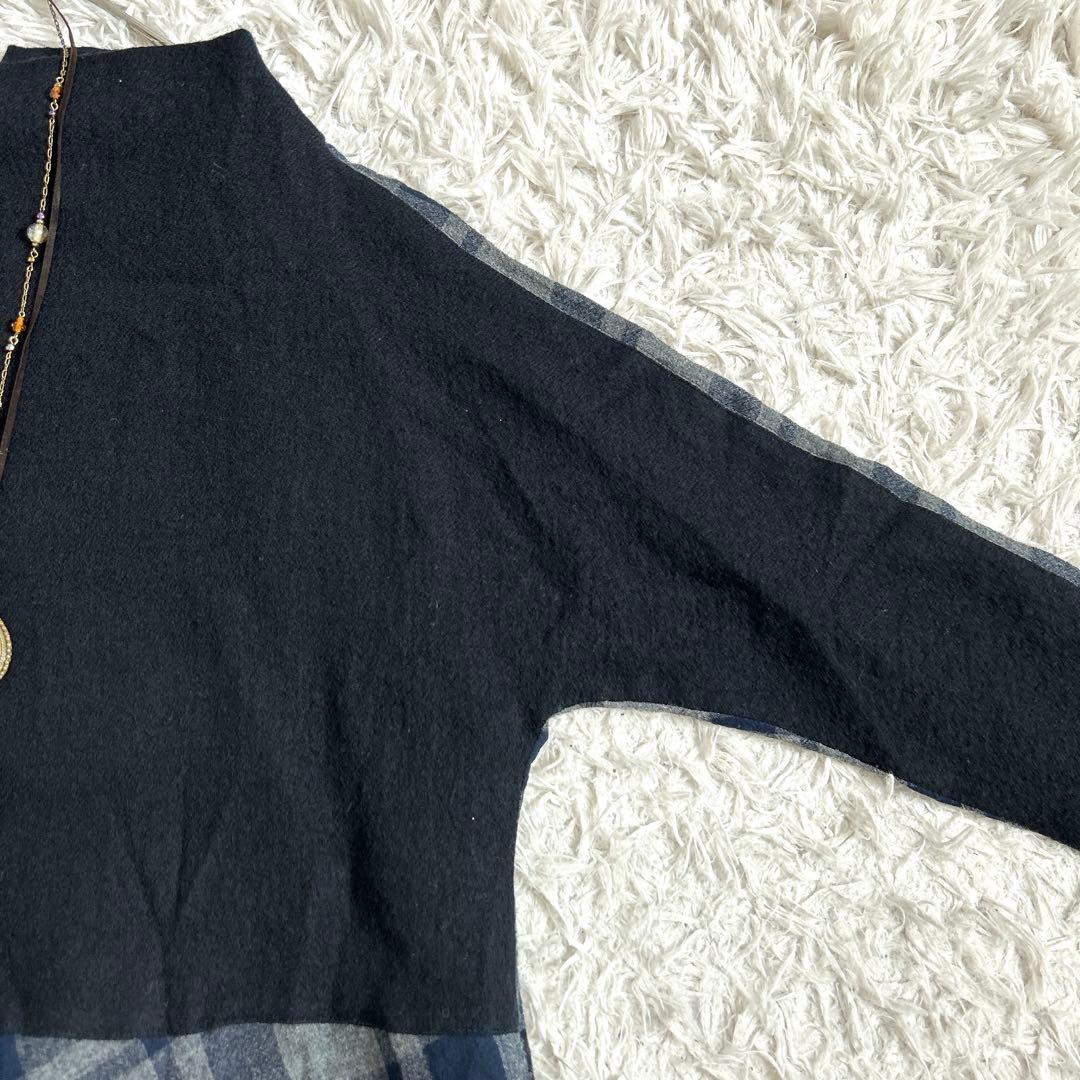 美品⁂センソユニコ⁂ロングバルーンワンピース　チェック切り替え　ボートネック　M