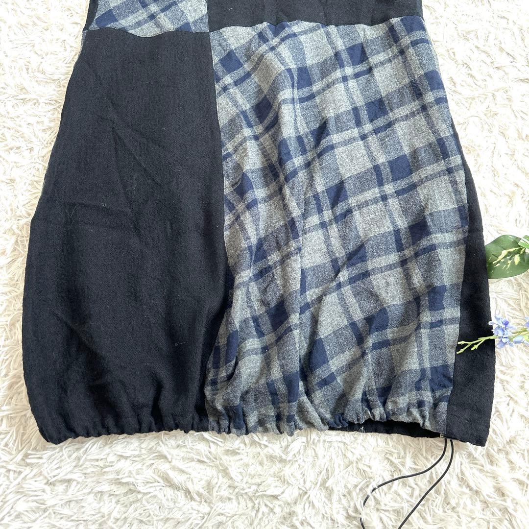 美品⁂センソユニコ⁂ロングバルーンワンピース　チェック切り替え　ボートネック　M