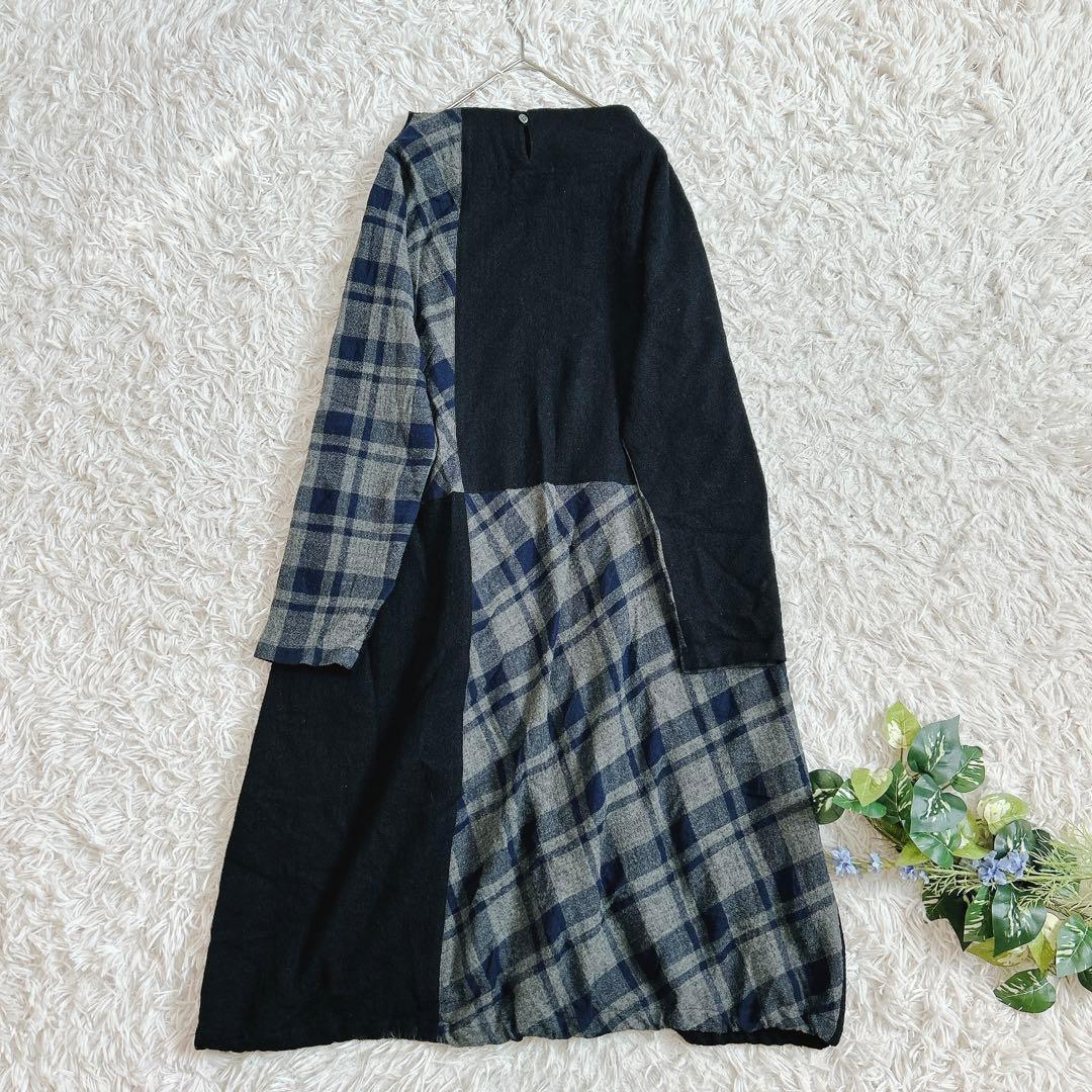 美品⁂センソユニコ⁂ロングバルーンワンピース　チェック切り替え　ボートネック　M