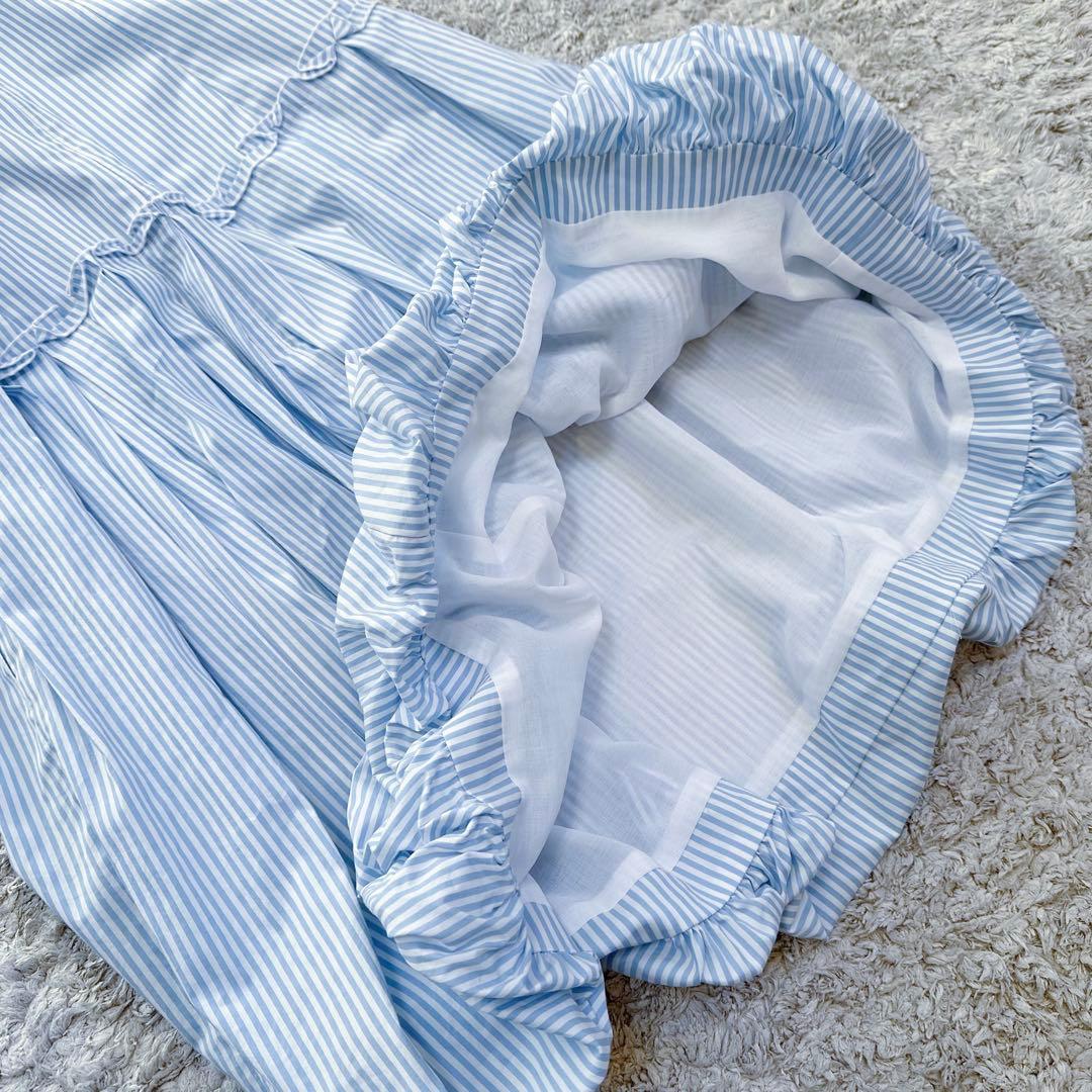 ルネ：限定カラー【ストライプ柄／フレア×バルーン】タック＆プリーツ•ワンピース