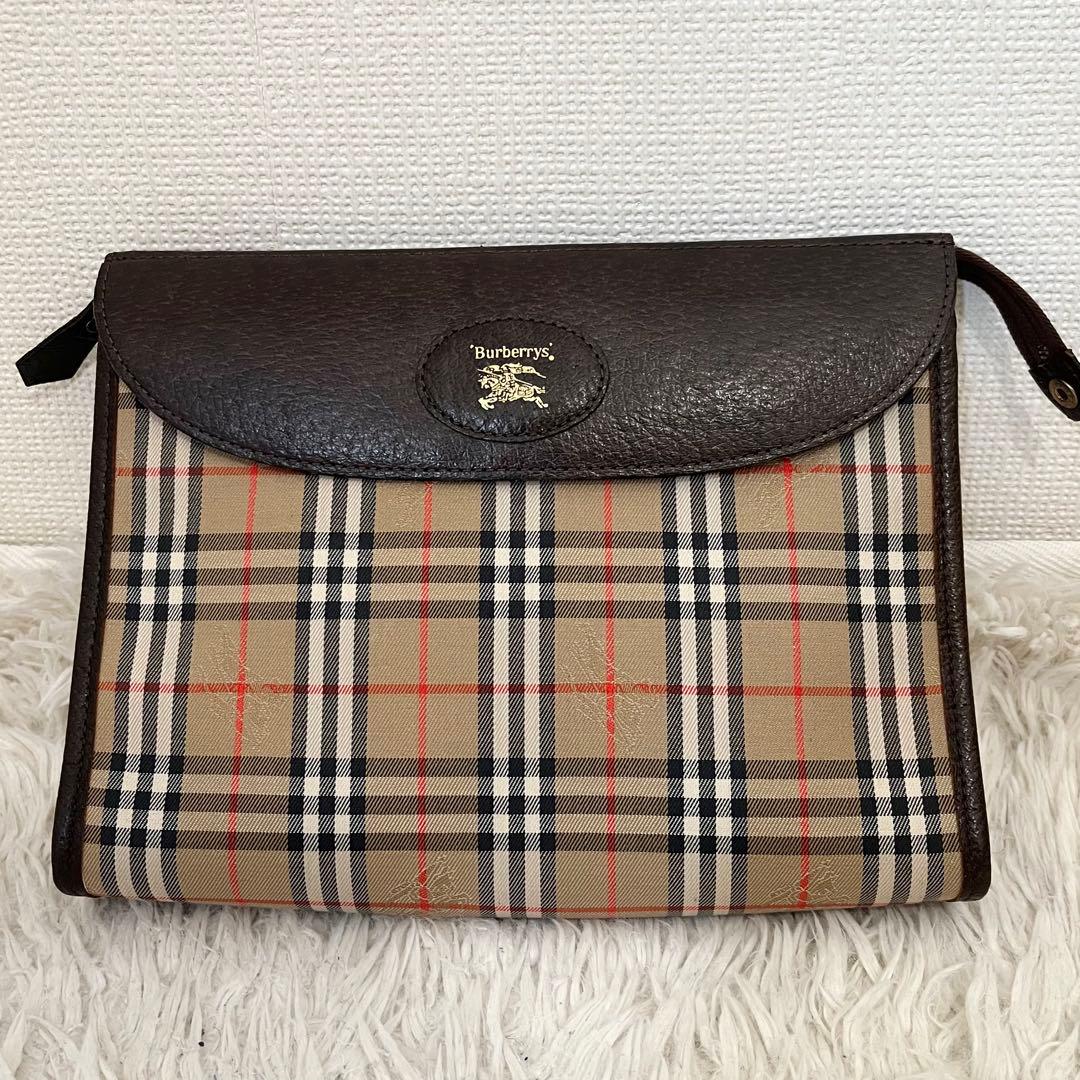✨美品✨バーバリー　クラッチバッグ　ノバチェック　フラップ　キャンバス　レザー