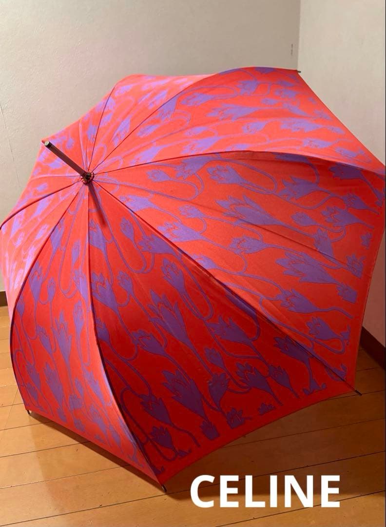 【CELINE】レディース長傘　ローズピンク　パープル花柄　シルバー持ち手