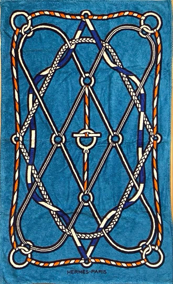 美品 エルメス ビーチタオル ラグ 玄関マット ロープ柄　海 夏 マリンブルー