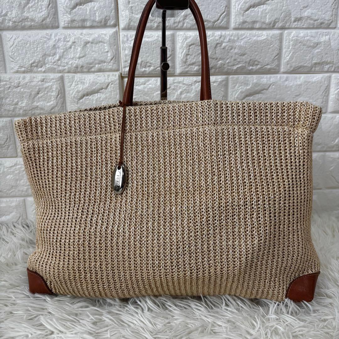 FURLA✨カゴバッグ　トートバッグ　 A4 PC 異素材　ベージュ　本革　麻