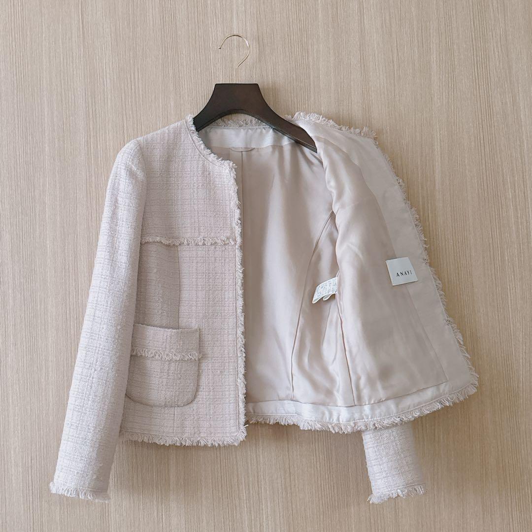 【1214】アナイ　スラブツイードクルージャケット　ピンクベージュ　38