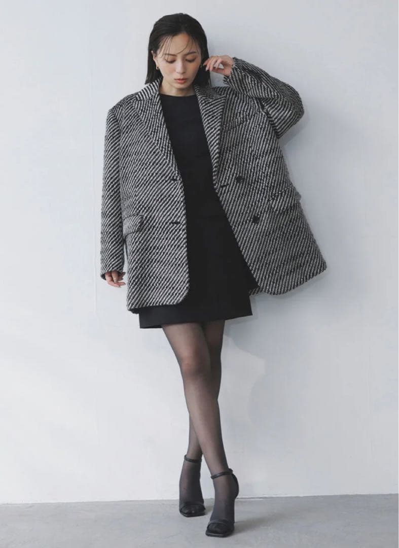 アニュアンス ツイードウールジャケットコート ブラック