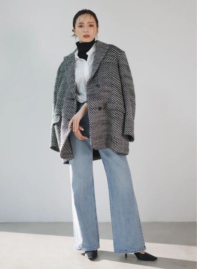 アニュアンス ツイードウールジャケットコート ブラック