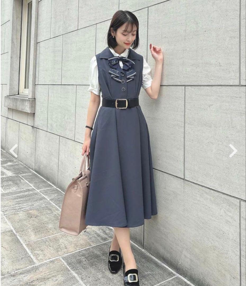 F.i.n.t ベルト付きウールライク開衿ジレワンピース