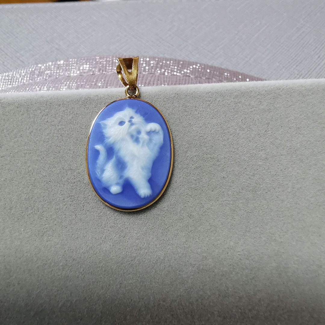 K18 メノウカメオ ITALY製 ネックレストップ 18金チャーム 猫