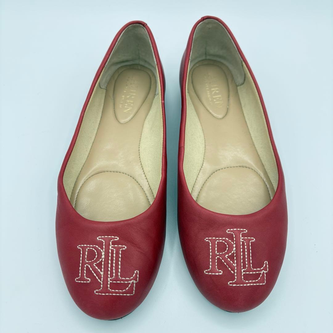 ローレンラルフローレン　フラット　レザーパンプス赤　US5 ロゴ　バレーシューズ